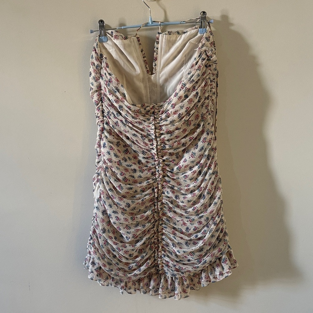 15. | Zara | Ruched Floral Dress in Cream with Pink & Blue Blossoms - Picture 2 of 5